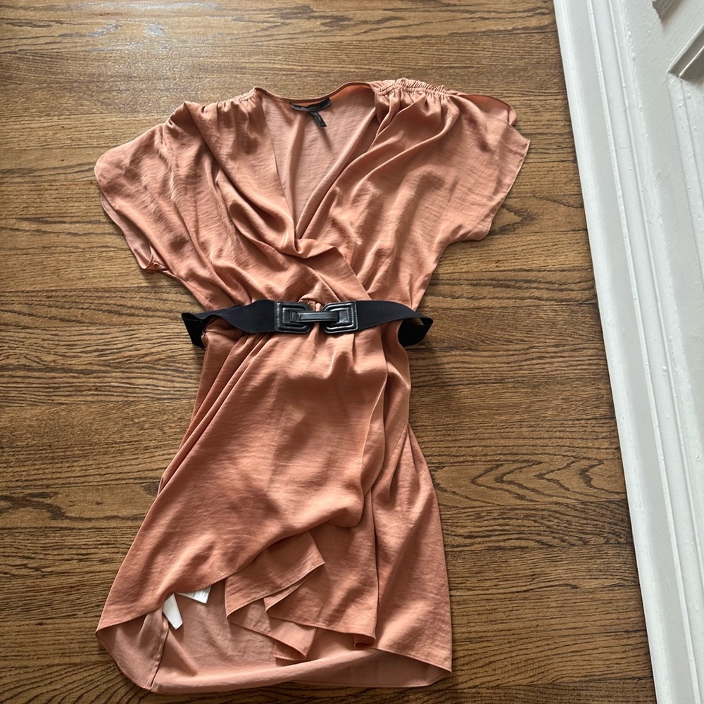 BCBGMaxAzria Peachy Autumn Colored Wrap Dress with Black Belt - Medium